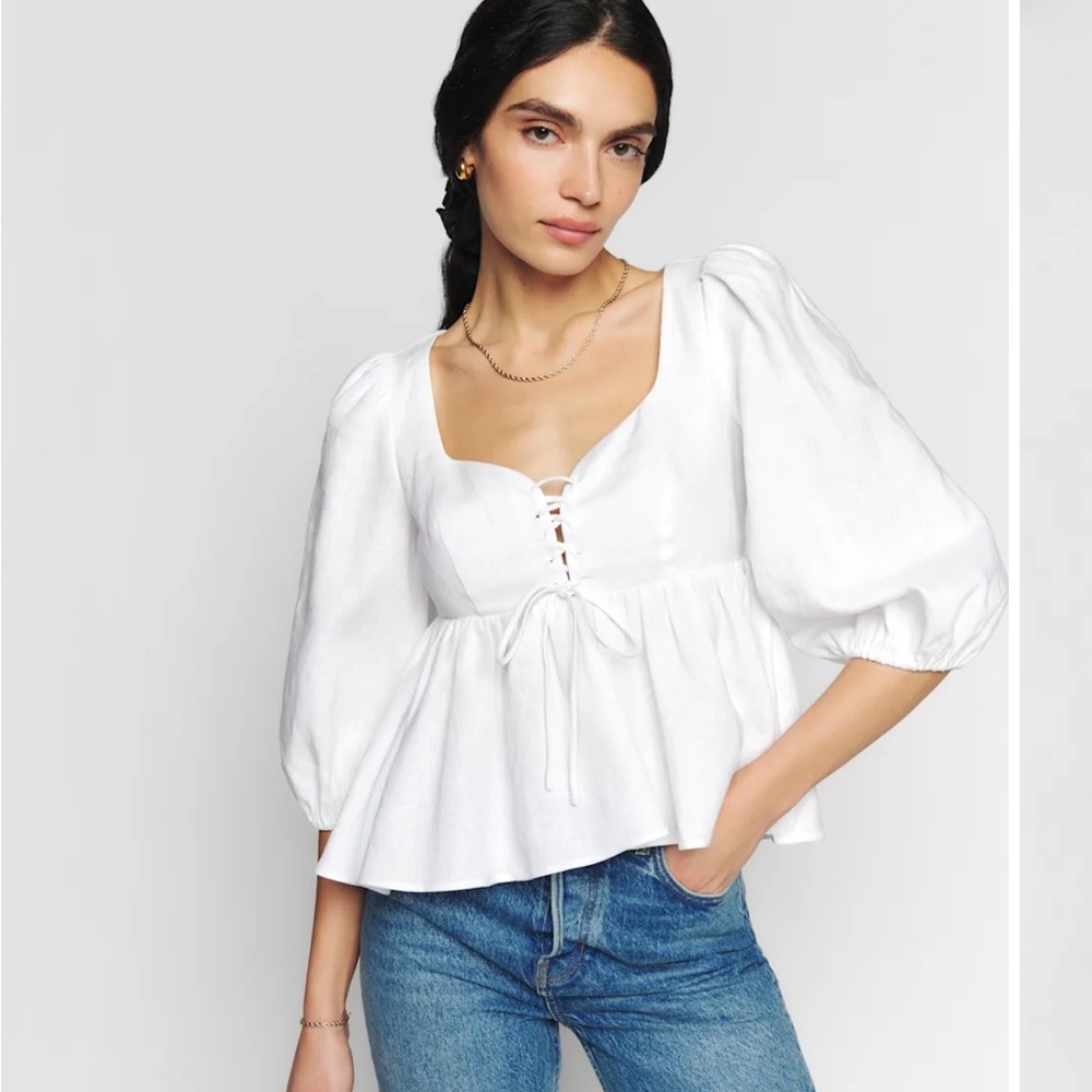 Reformation Abigail Linen White Puff Sleeve Blouse